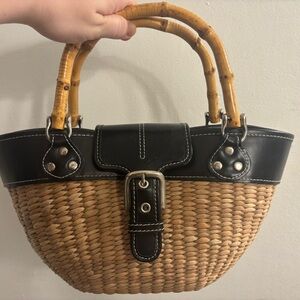 Vintage Straw Purse Y2K Woven Basket Bag Bamboo Handle Made in Peru